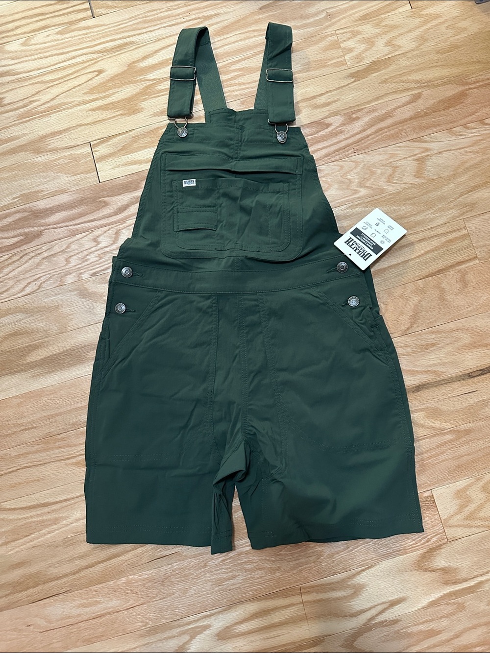 Duluth Trading Co Olive Green Short Overalls Romper with Adjustable Straps